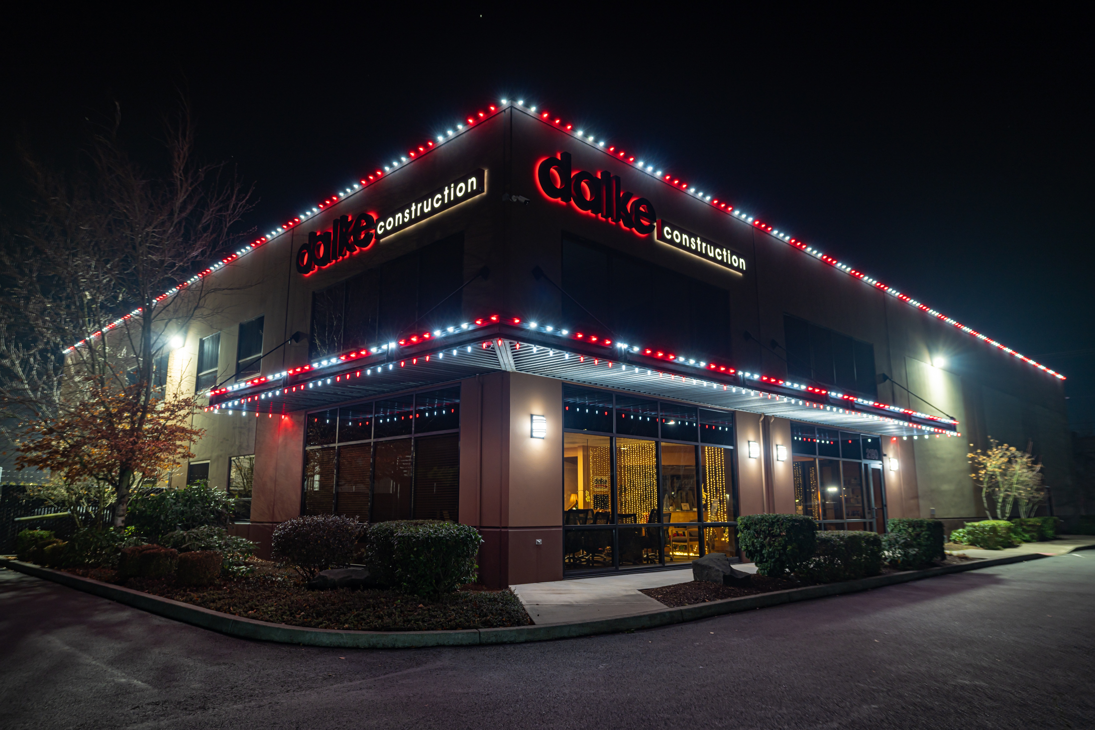 Commercial Christmas light installation for Dalke Construction Oregon