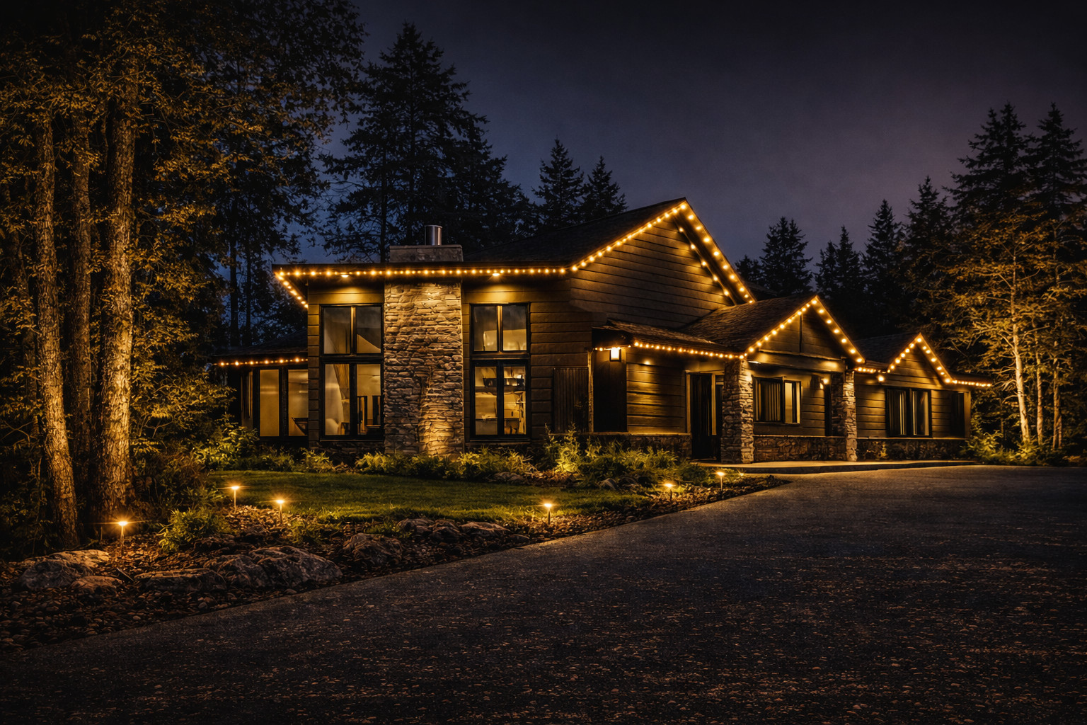 Year-round permanent outdoor lighting system on a Pacific Northwest home
