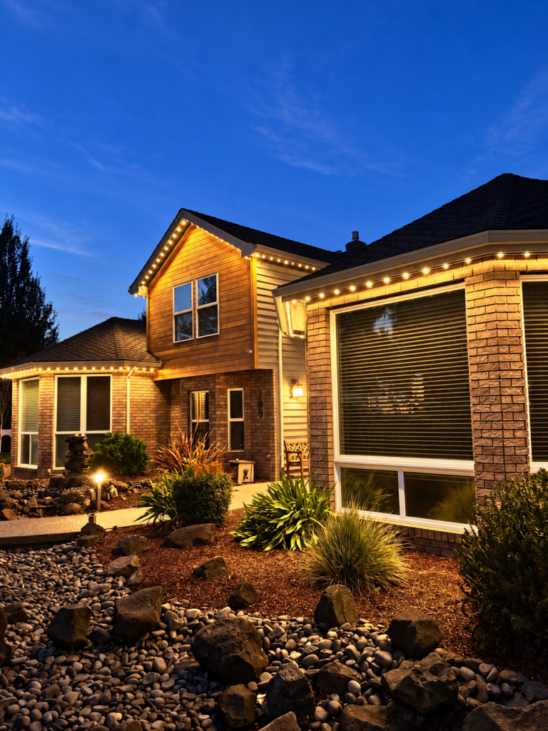 Residential roofline and entry lighting at twilight