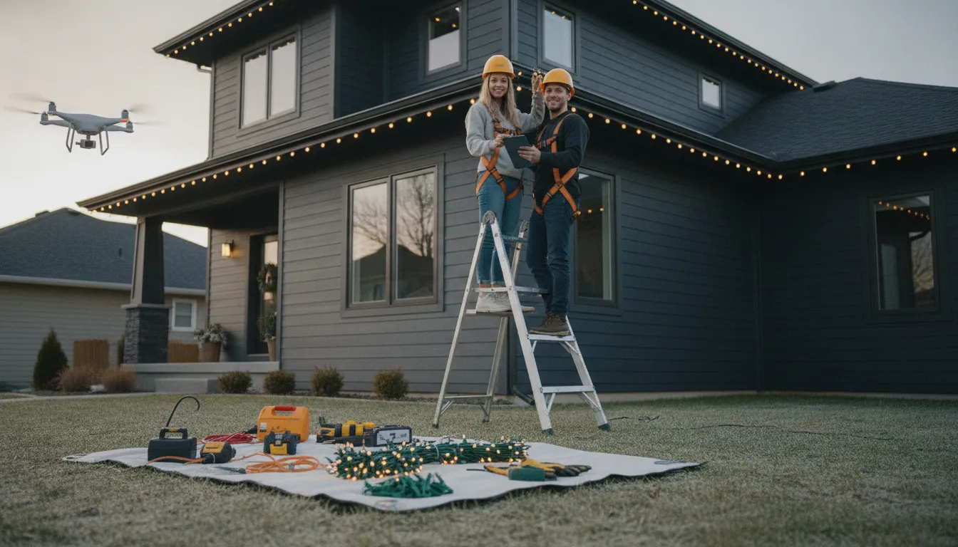 Couple installing Christmas lights on a house from a ladder with tools and safety gear.