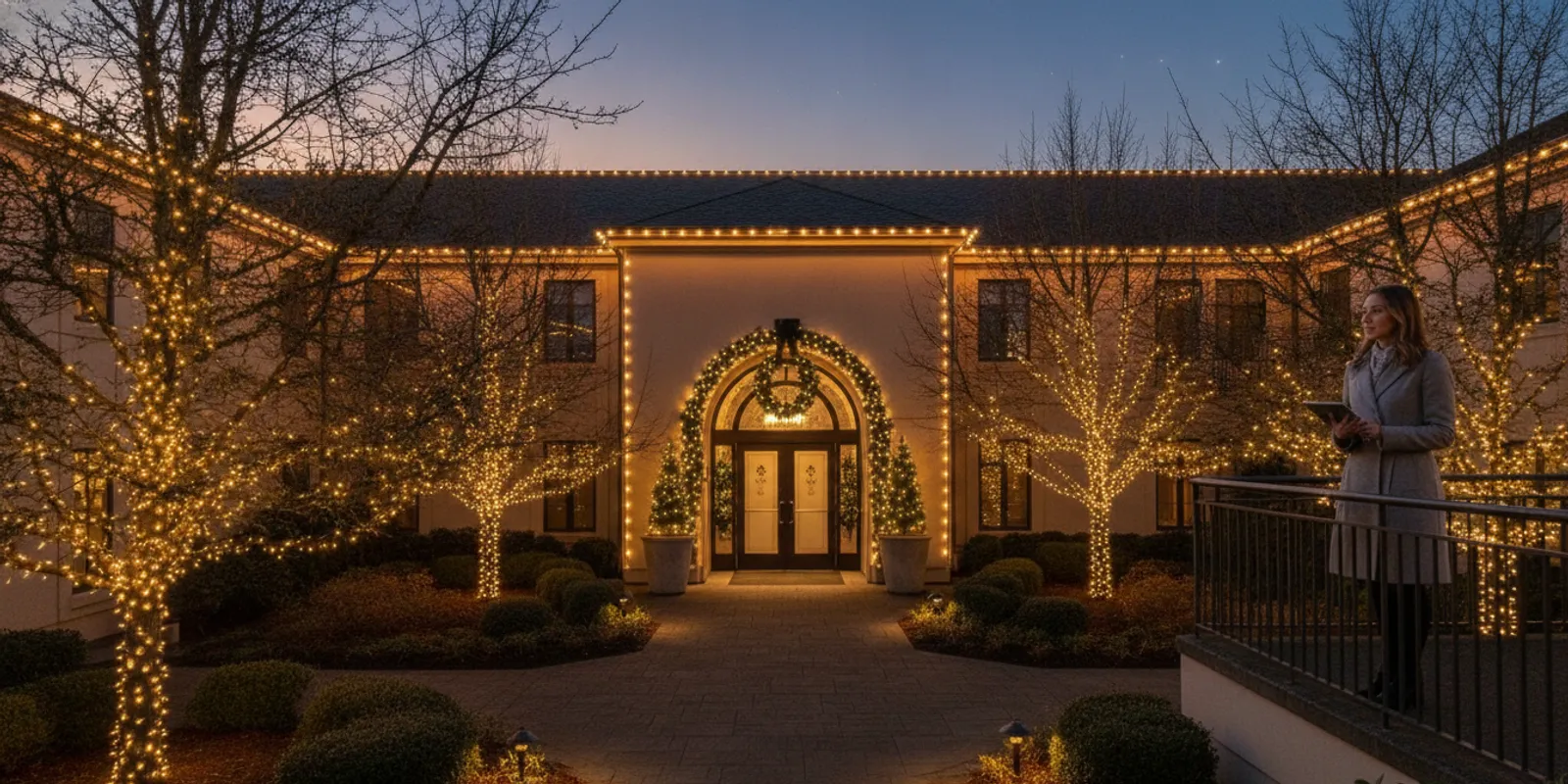Holiday lighting outlining a commercial property and shared landscape at dusk