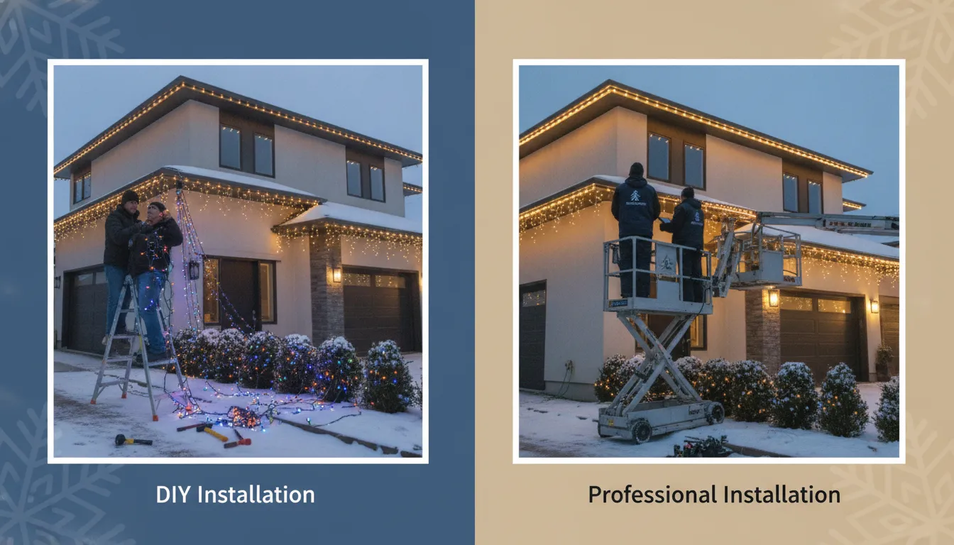 Homeowners and professionals installing Christmas lights on a home.