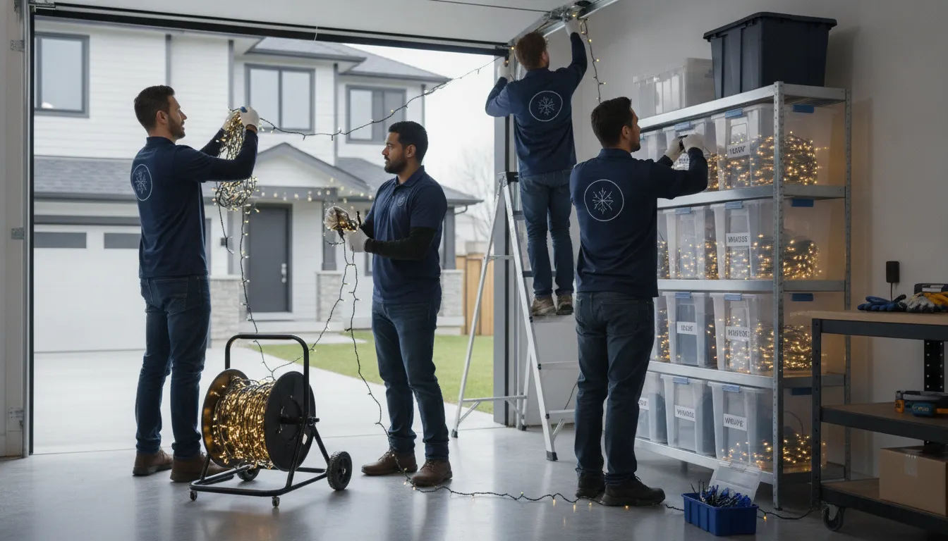 Workers remove holiday lighting and organize strands on reels and in labeled bins for storage.