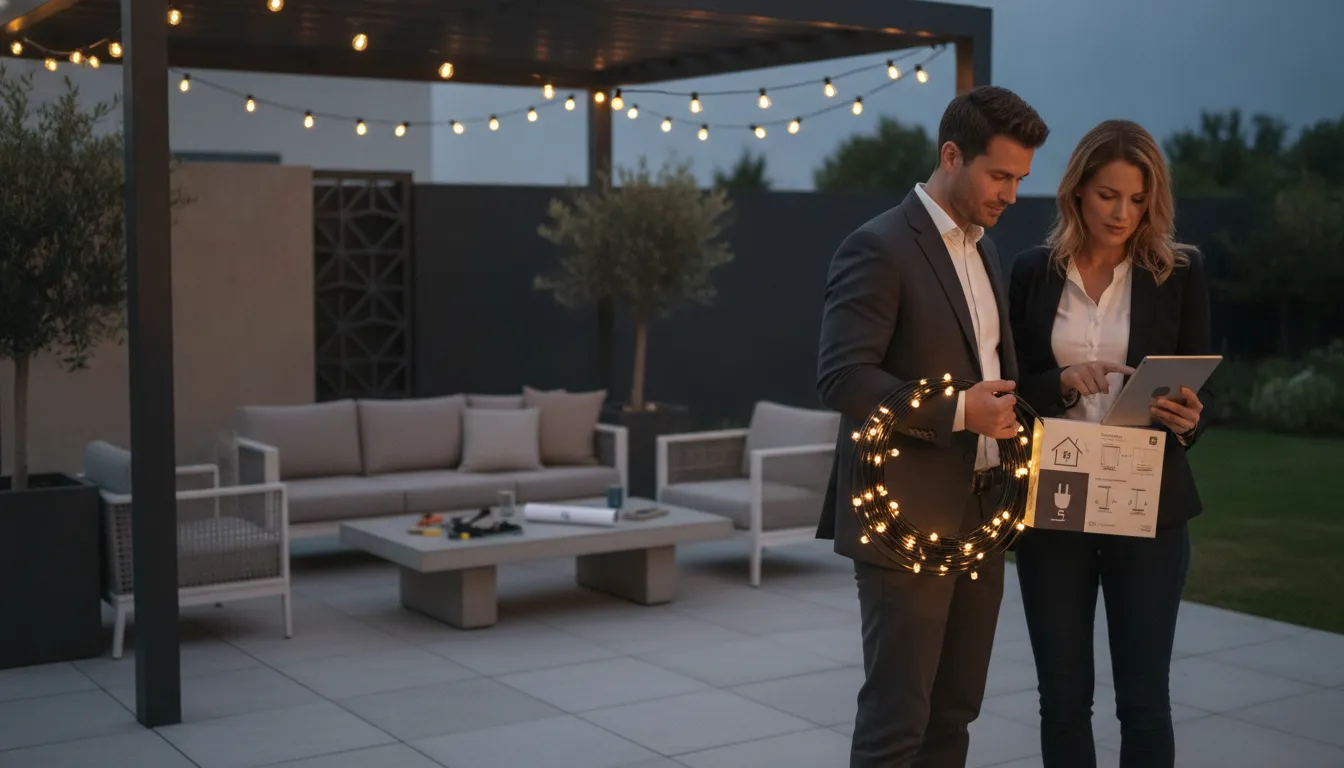 Couple planning a safe patio installation of LED string lights.
