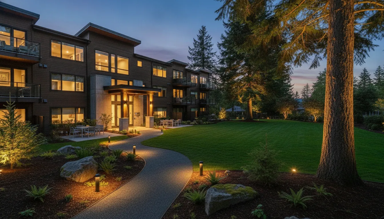 Landscape lighting along walkways and entrances at a modern apartment property in Oregon at dusk.