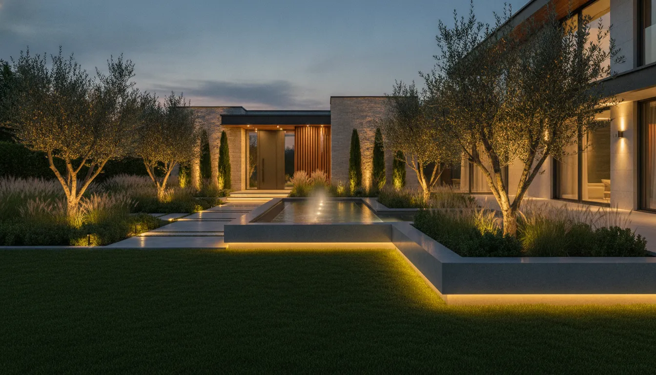 Landscape lighting installation illuminating pathways, trees, and garden beds at dusk.