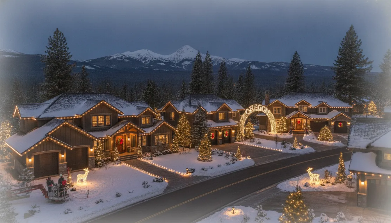 Multi-property holiday lighting installation on snowy Oregon homes and trees.