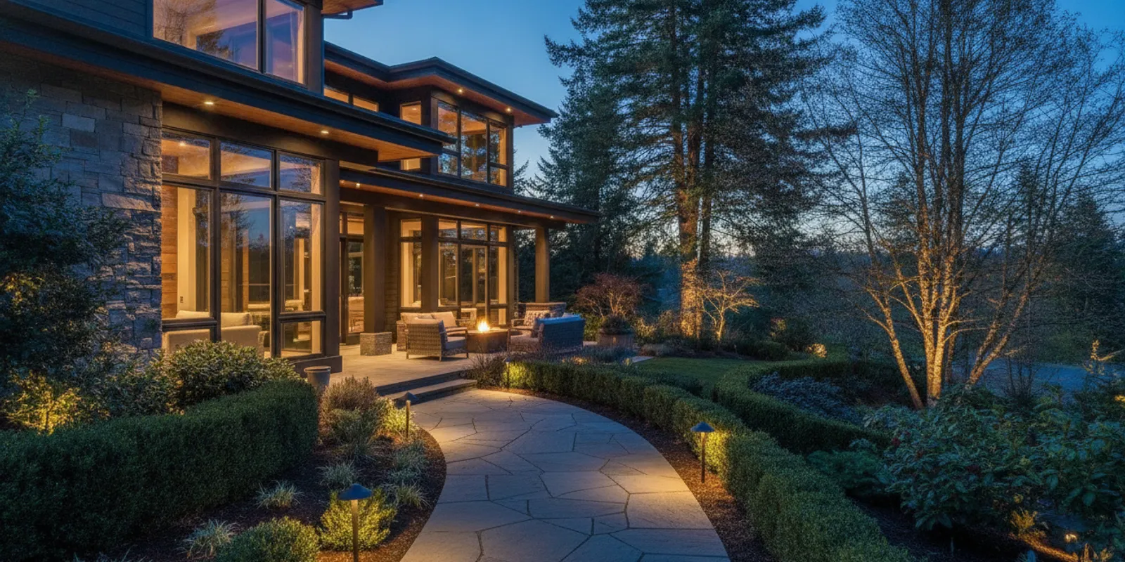 Warm outdoor lights illuminating a landscaped Oregon home after dusk