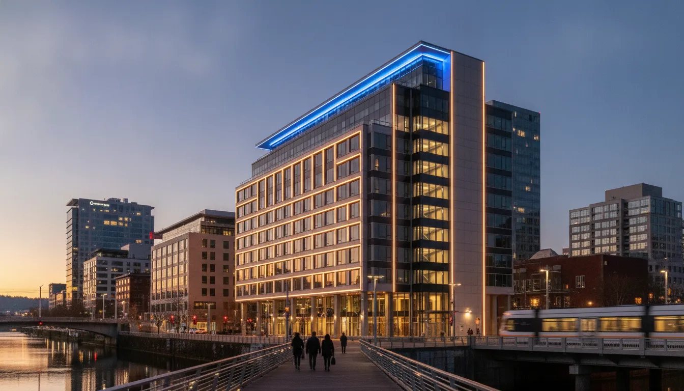 Permanent architectural lighting installation on a modern Oregon building at dusk.