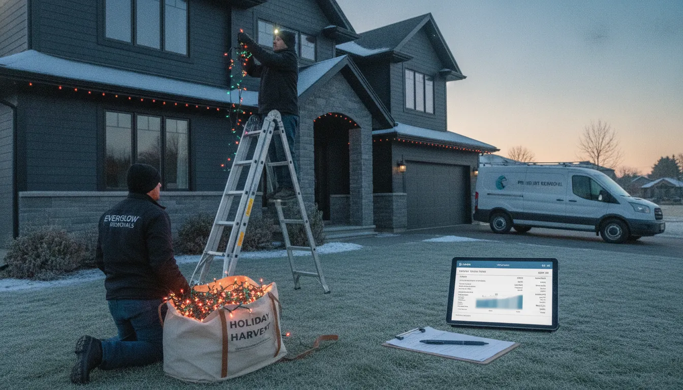 Professional crew removing Christmas lights from a home.