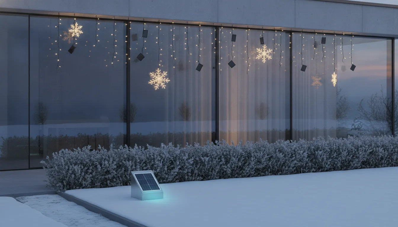 Solar Christmas lights with snowflake accents and a panel in a snowy yard at dusk.